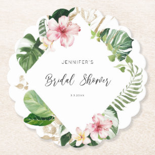 Elegant tropical monstera bridal shower paper coaster