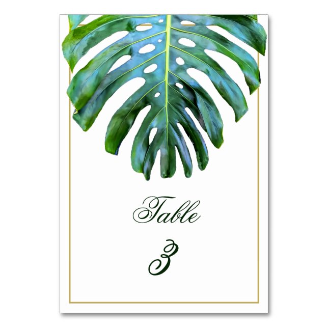 Elegant Tropical Monstera Leaf Green Gold Beach Table Number (Front)