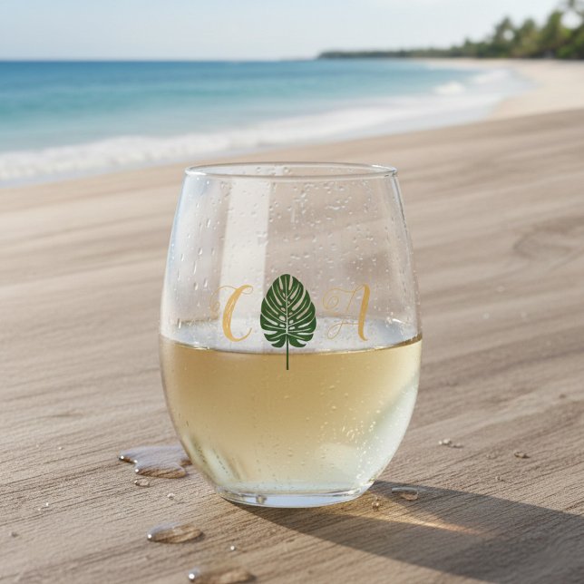 Elegant Tropical Palm Leaf Monogram Beach Wedding Stemless Wine Glass (Creator Uploaded)
