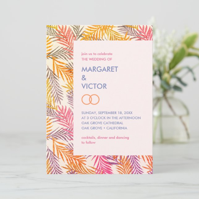 Elegant tropical palm leaf pattern  invitation (Standing Front)