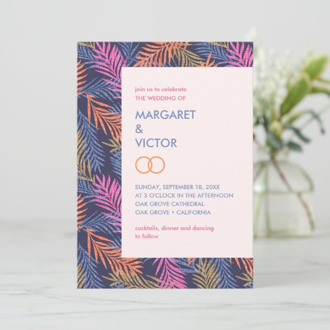 Elegant tropical palm leaf pattern  invitation (Standing Front)