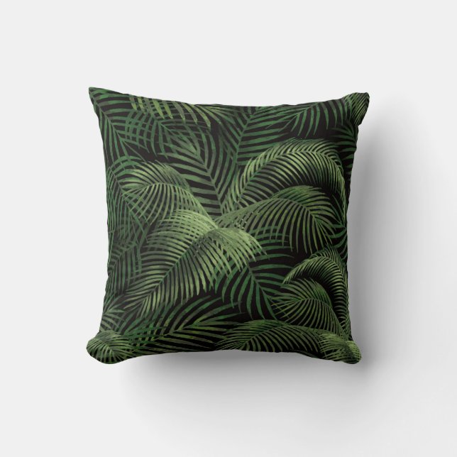 Elegant Tropical Palm Tree Pattern | Black & Green Throw Pillow (Front)