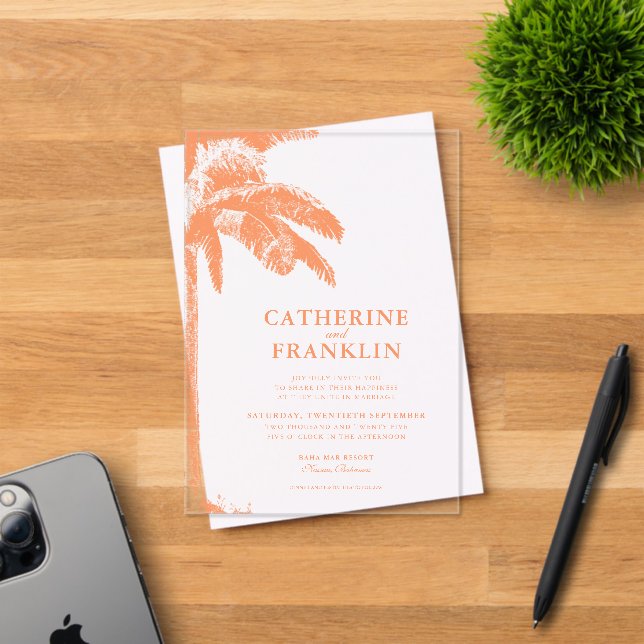 Elegant Tropical Palm Tree Wedding Acrylic Invitations (Insitu (Invitation Card))