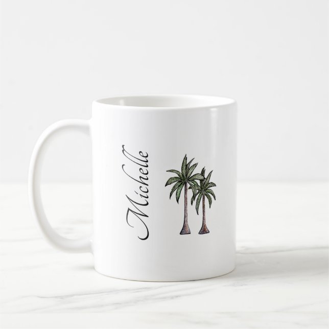 Elegant Tropical Palm Trees Beach Personalized Coffee Mug (Left)
