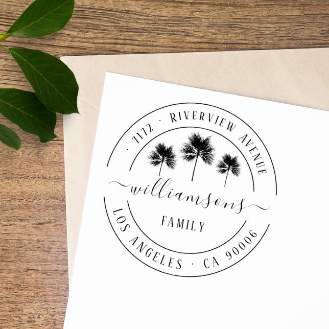  Elegant Tropical Palm Trees Family Return Address Rubber Stamp (elegant vintage tropical palm trees family name return address)