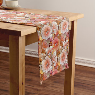 Elegant Tropical Peach And White Hibiscus Flower Short Table Runner