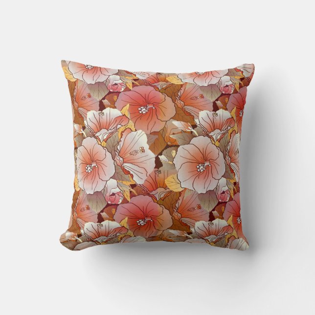 Elegant Tropical Peach And White Hibiscus Flower Throw Pillow (Front)