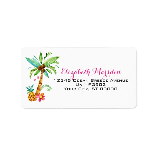 Elegant Tropical Pink Teal Palms Floral Address Label (Front)