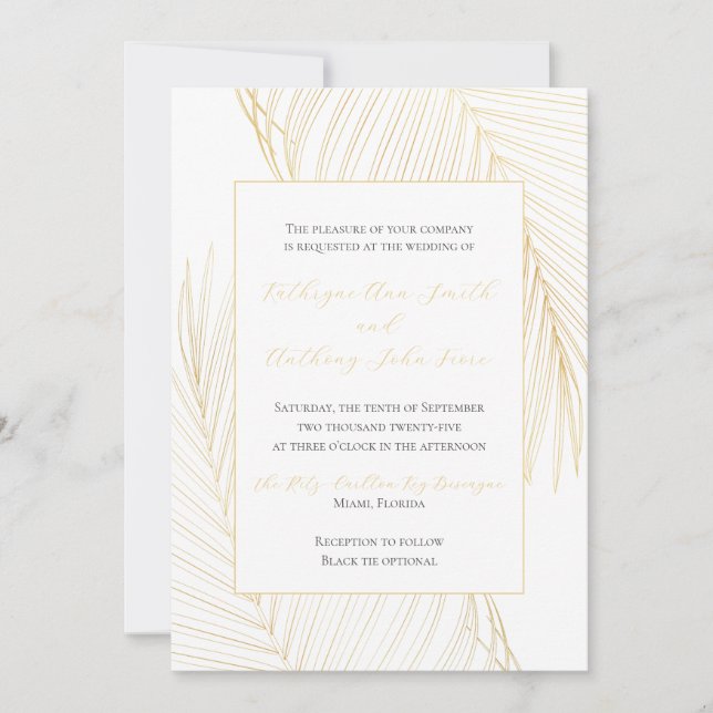 Elégant Tropical Plage Mariage Gold Invitation (Devant)