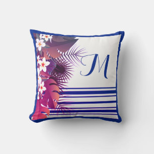 Elegant Tropical Purple Blue Floral Monogram Throw Pillow