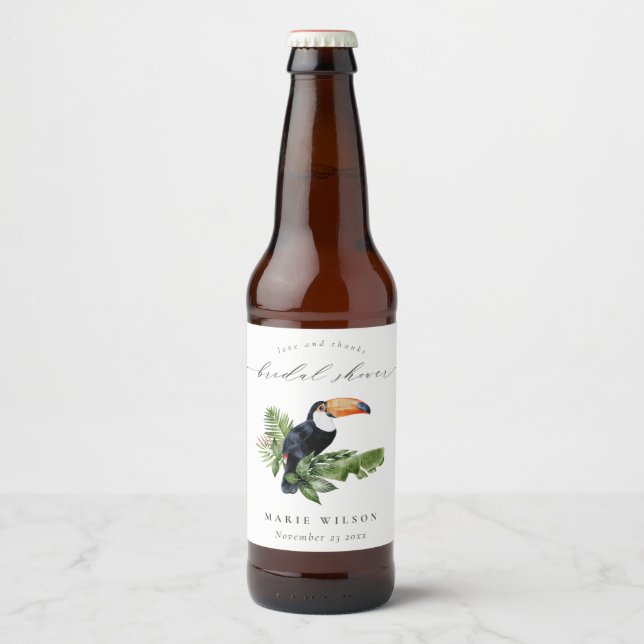 Elegant Tropical Rainforest Toucan Bridal Shower Beer Bottle Label (Front)