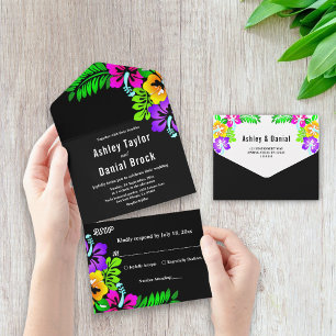 Elegant Tropical Rustic Boho Black Floral Wedding All In One Invitation