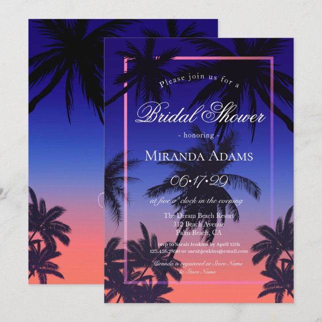 Elegant Tropical Sunset Summer Beach Bridal Shower Invitation (Front/Back)