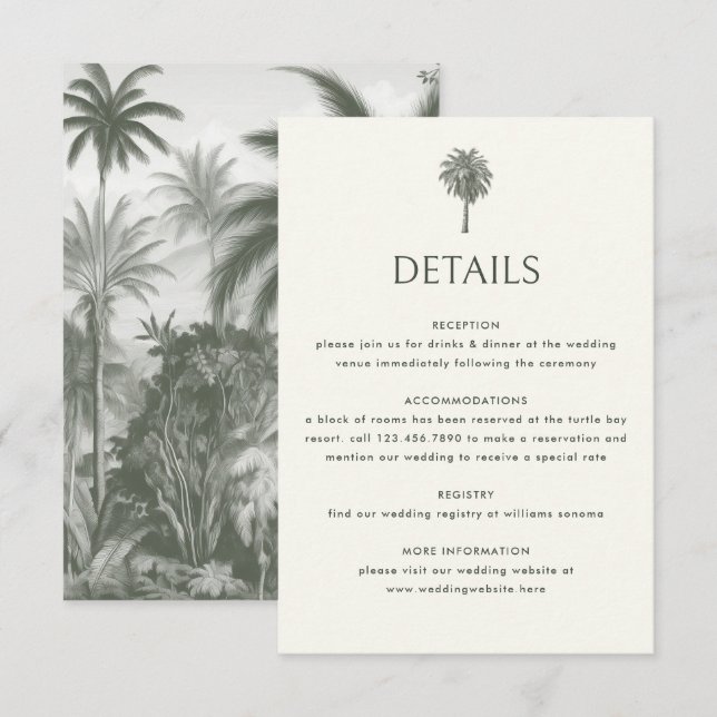 Elegant Tropical Vintage Palm Wedding Details Enclosure Card (Front/Back)