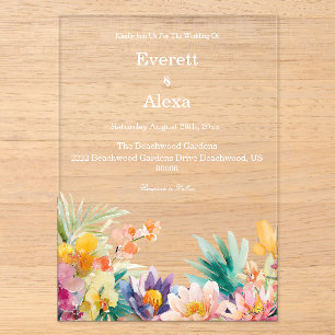 Elegant Tropical Watercolor Floral Wedding  Acrylic Invitations