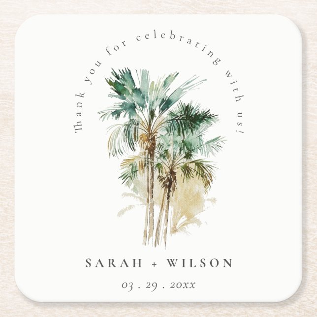 Elegant Tropical Watercolor Palm Trees Wedding Square Paper Coaster (Front)
