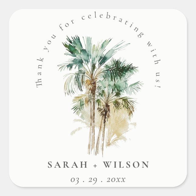 Elegant Tropical Watercolor Palm Trees Wedding Square Sticker (Front)