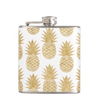 Elegant Tropical White Gold Pineapple Pattern Hip Flask