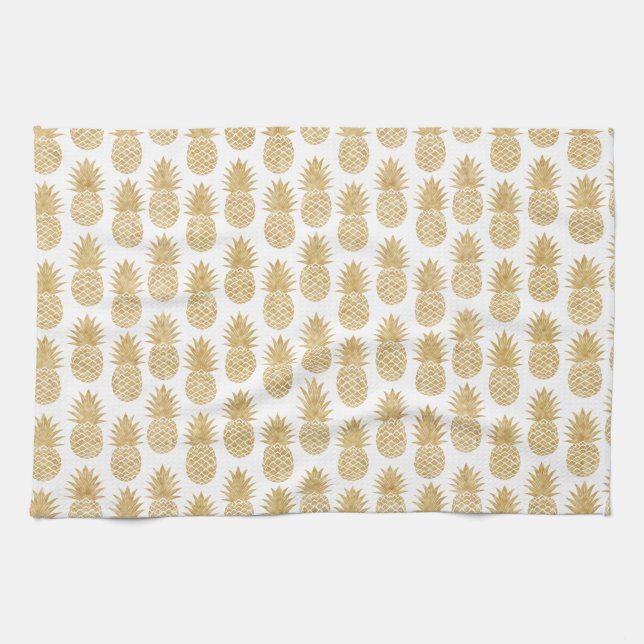 Elegant Tropical White Gold Pineapple Pattern Kitchen Towel (Horizontal)