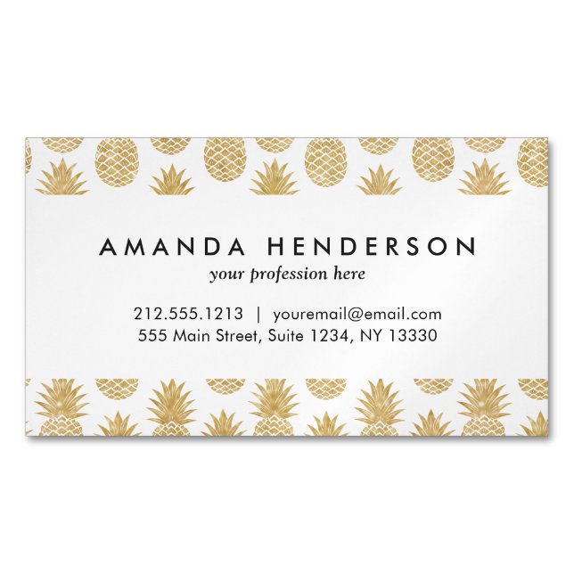 Elegant Tropical White Gold Pineapple Pattern Magnetic Business Card (Front)