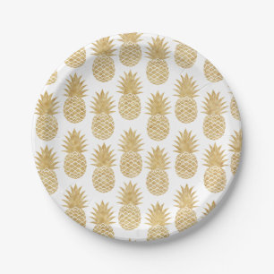 Elegant Tropical White Gold Pineapple Pattern Paper Plate