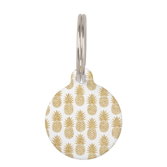 Elegant Tropical White Gold Pineapple Pattern Pet Tag (Front)