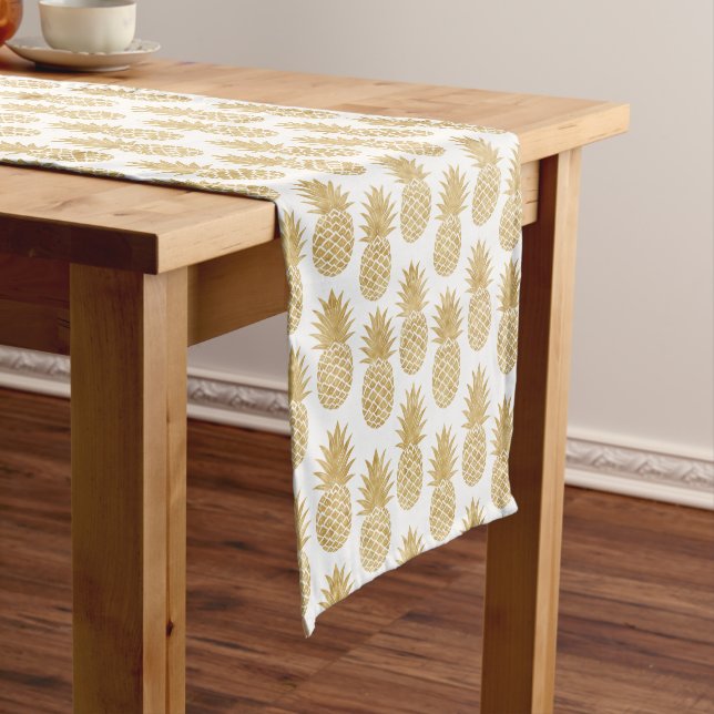 Elegant Tropical White Gold Pineapple Pattern Short Table Runner (In Situ)