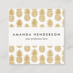 Elegant Tropical White Gold Pineapple Pattern Square Business Card