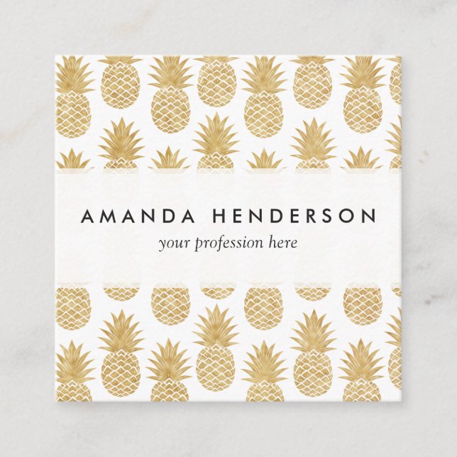 Elegant Tropical White Gold Pineapple Pattern Square Business Card (Front)