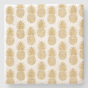 Elegant Tropical White Gold Pineapple Pattern Stone Coaster