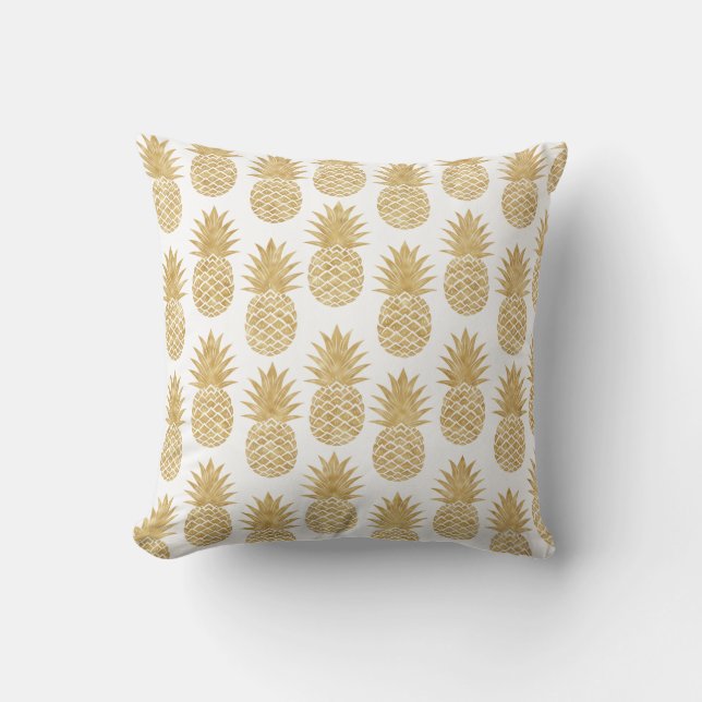 Elegant Tropical White Gold Pineapple Pattern Throw Pillow (Front)