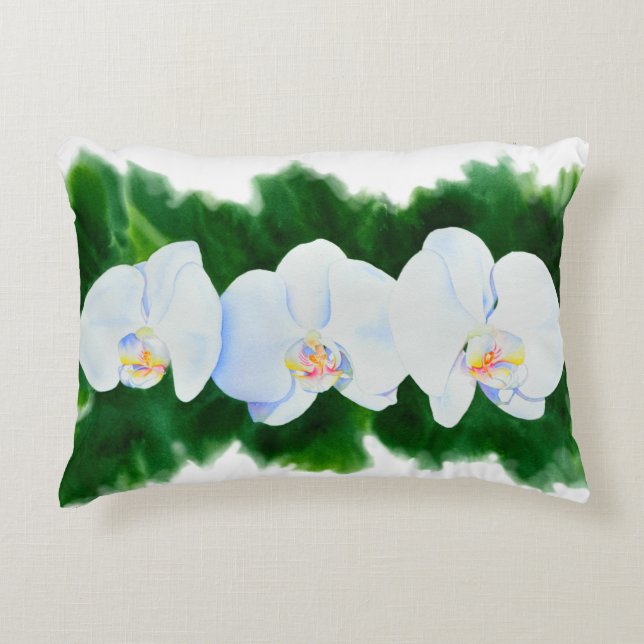 Elegant tropical white watercolor orchid painting  accent pillow (Front)