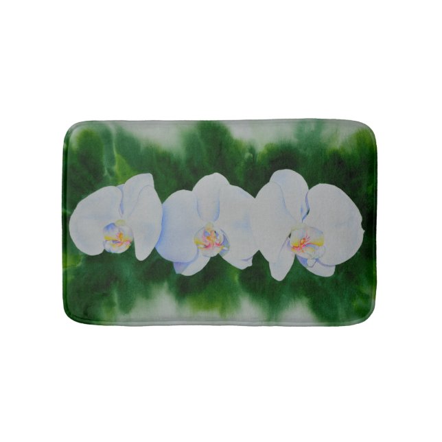 Elegant tropical white watercolor orchid painting  bath mat (Front)