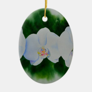 Elegant tropical white watercolor orchid painting  ceramic ornament
