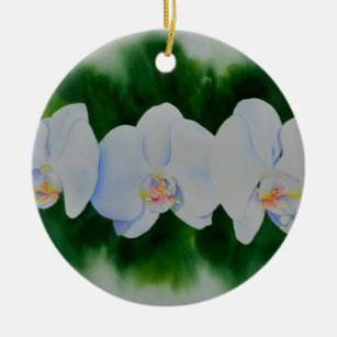Elegant tropical white watercolor orchid painting  ceramic ornament
