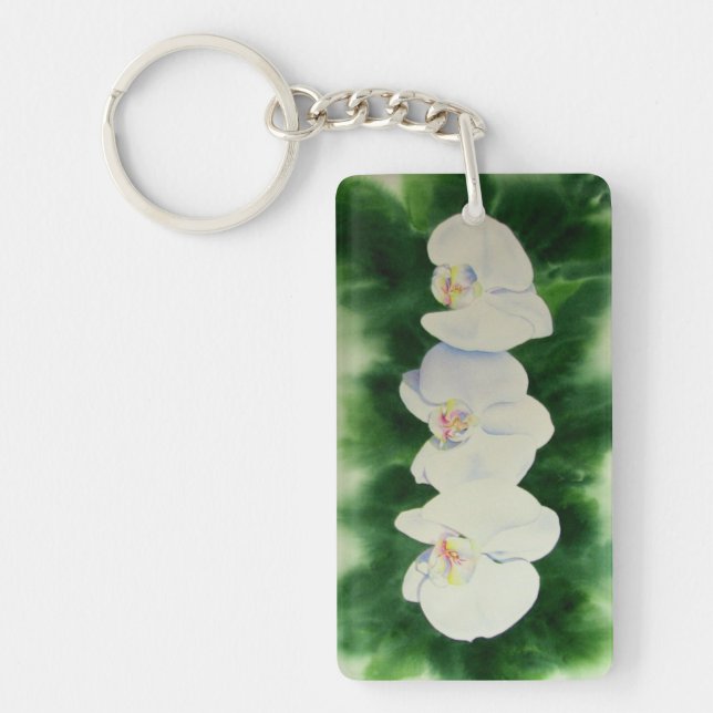Elegant tropical white watercolor orchid painting  keychain (Front)