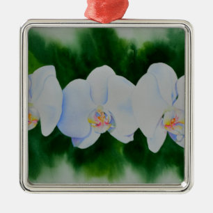 Elegant tropical white watercolor orchid painting  metal ornament