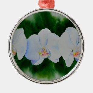 Elegant tropical white watercolor orchid painting  metal ornament