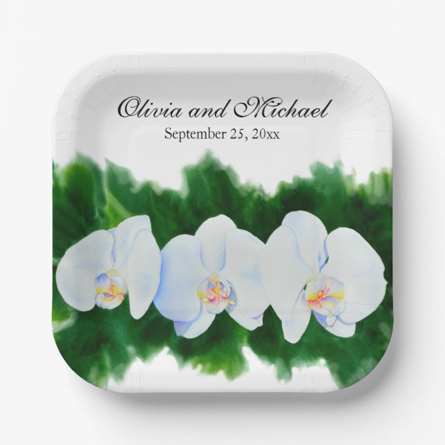 Elegant tropical white watercolor orchid painting  paper plate (Front)