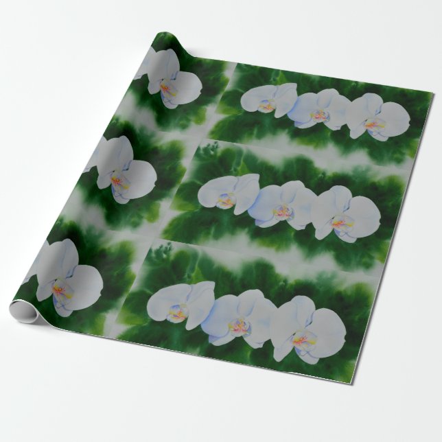 Elegant tropical white watercolor orchid painting  wrapping paper (Unrolled)