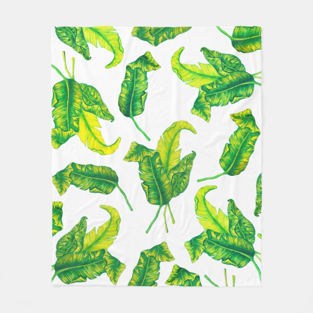 Elegant Tropicana Gold Leaves Illustration Fleece Blanket (Front)