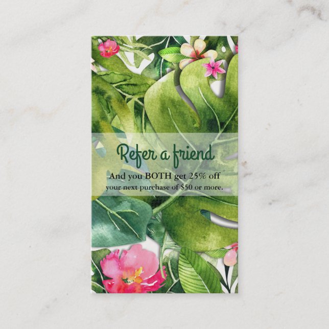 Elegant Tropics Green Leaves Floral Refer a Friend Referral Card (Front)