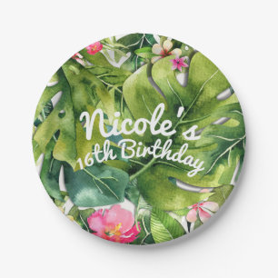 Elegant Tropics Green Leaves Floral Watercolor Paper Plate