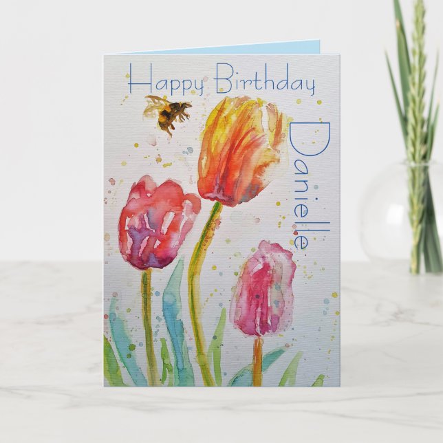 Elegant Tulip and Bee Watercolour Birthday Card (Front)