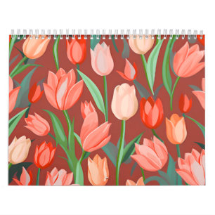 Elegant Tulip Floral Pattern – Red & Peach Spring Calendar