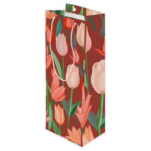 Elegant Tulip Floral Pattern – Red & Peach Spring  Wine Gift Bag