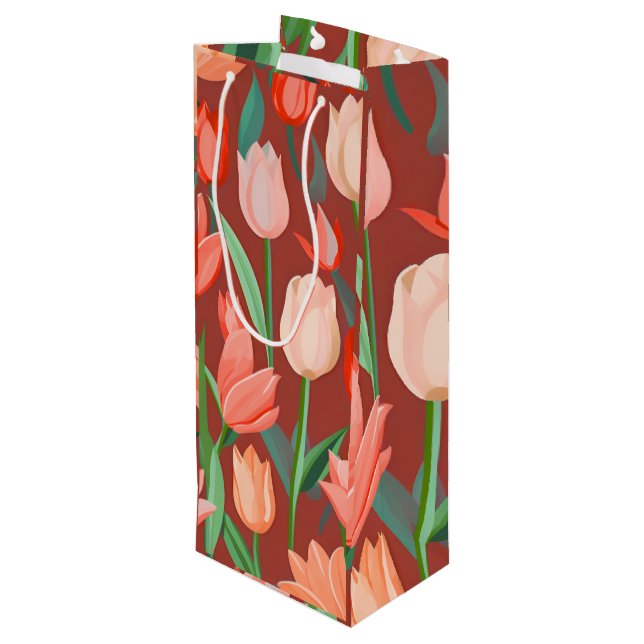 Elegant Tulip Floral Pattern – Red & Peach Spring  Wine Gift Bag (Back Angled)