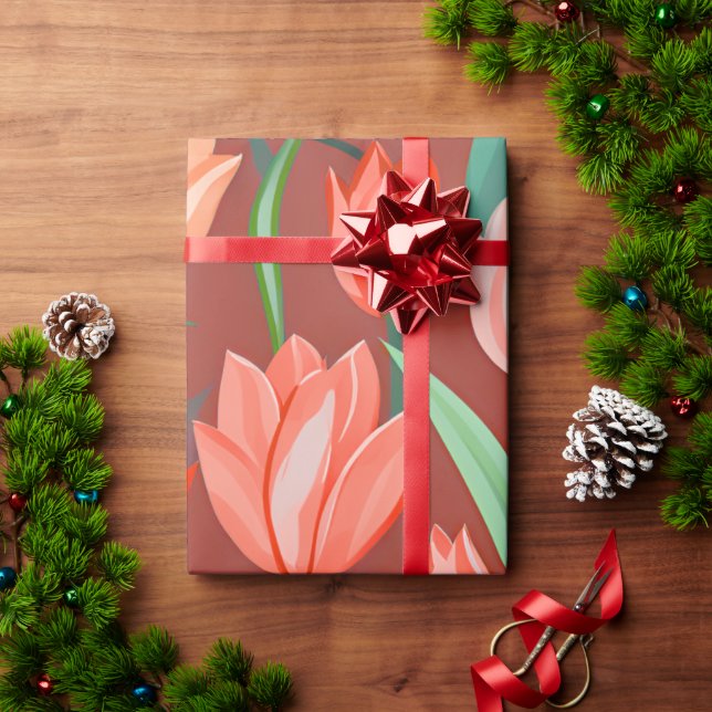 Elegant Tulip Floral Pattern – Red & Peach Spring  Wrapping Paper (Holiday Gift)