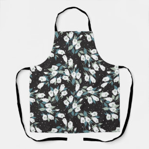 Elegant Tulip Flower Pattern Black Background Apron