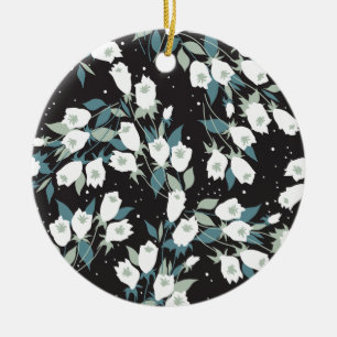 Elegant Tulip Flower Pattern Black Background Ceramic Ornament